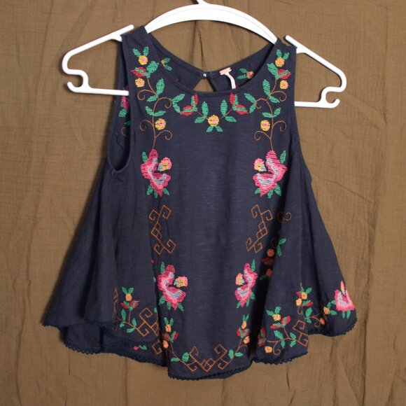 Free People Tops - Free People Navy Blue A-Line Blouse with Vibrant Floral Embroidery XS